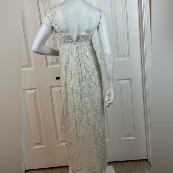 Nicole Miller Silk One Shoulder Dress Maxi 10 Long Foil Silver White Gown Size 2 - Picture 15 of 16